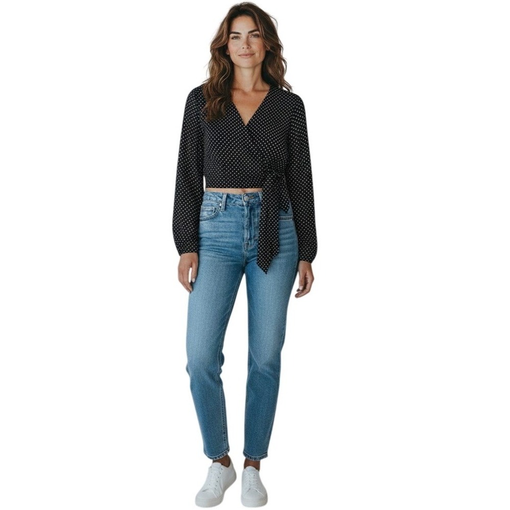 The Fifth Label Navy Blue Polka Dot Long Sleeve Cropped Wrap Top Women's XS
